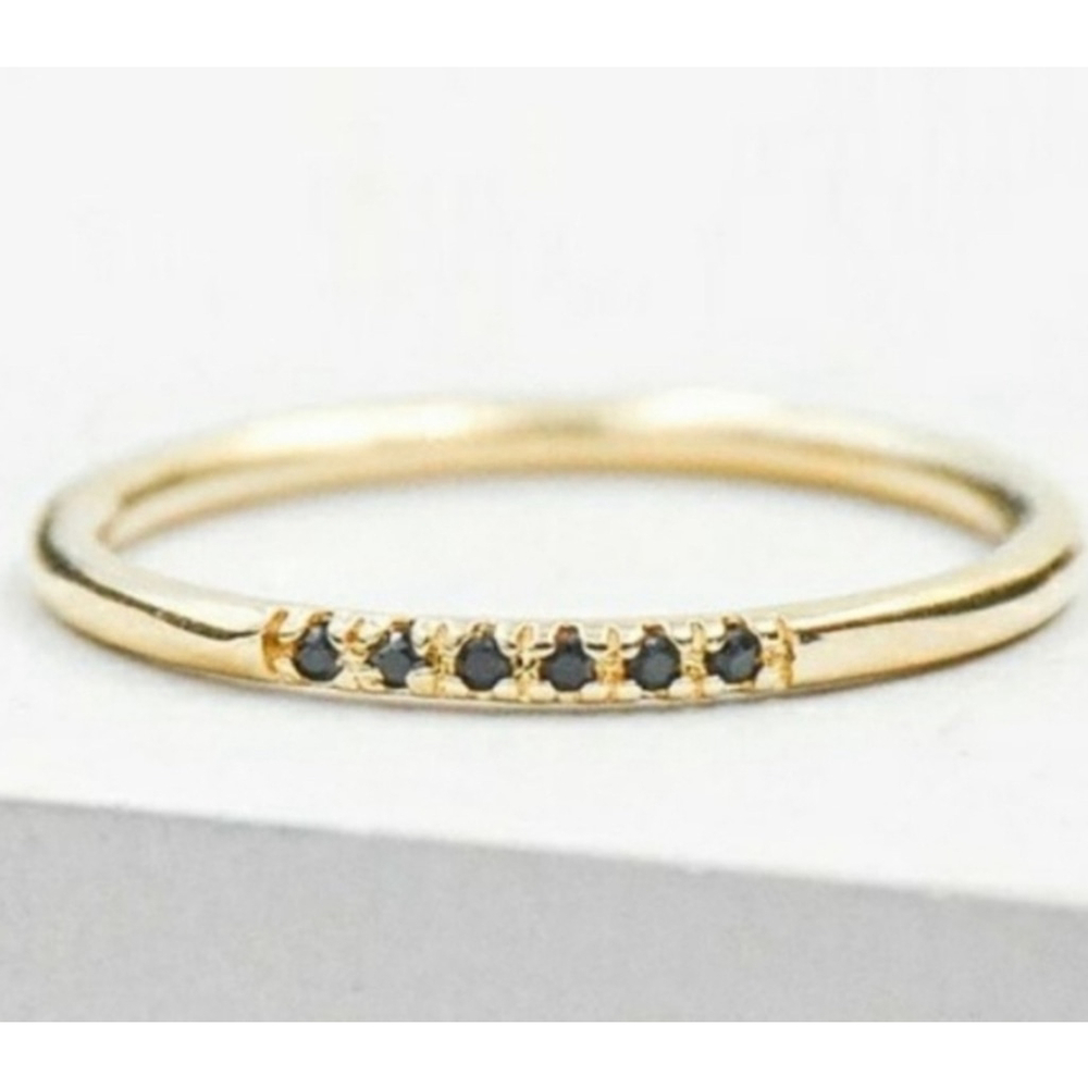 NEW Dainty Gold Plated Sterling Black Synthetic Diamond Ring, Size 6